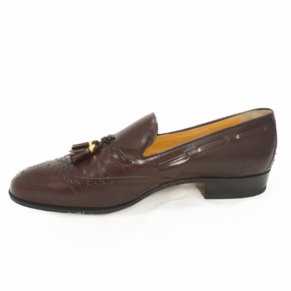 Vintage 70s Gucci Burgundy Brown Brogue Tassel Loafer Slip On Leather Shoes - Picture 2 of 10